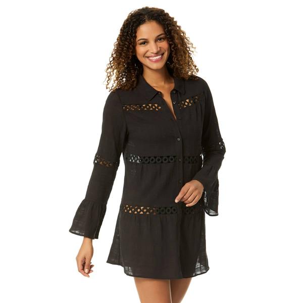 Womens Anne Cole Solid Bell Sleeve Crochet Trim Cover Up