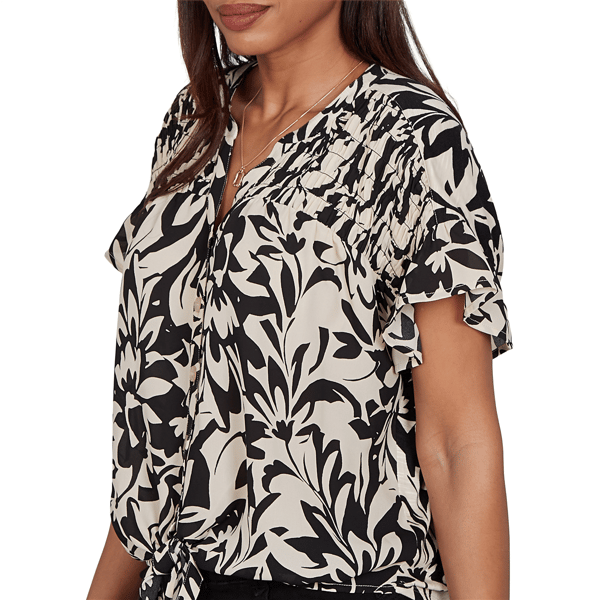 Womens Ruby Rd. Tropical Noir Short Sleeve Floral Tie Hem Blouse