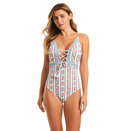 Womens Jessica Simpson Lace-Up Front One Piece Swimsuit