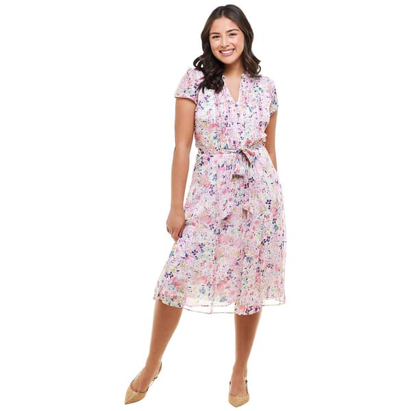 Petite MSK Cap Sleeve Floral Chiffon Pintuck Midi Dress