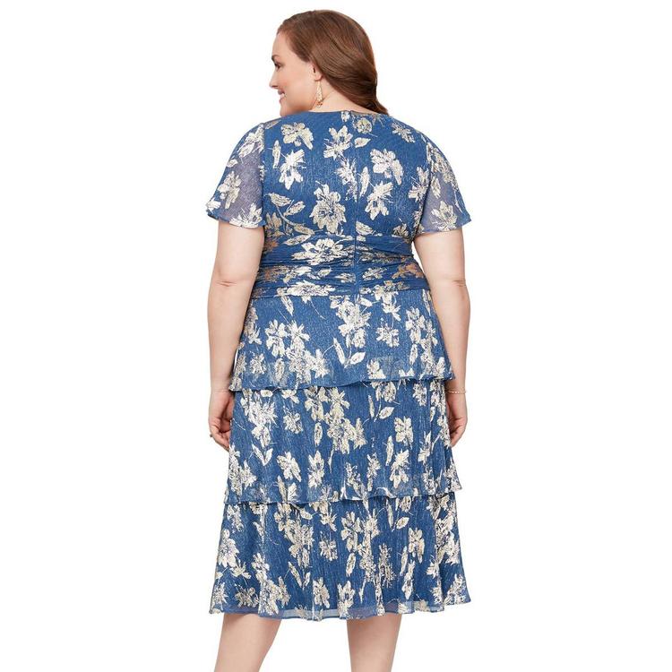 Plus Size SLNY Short Sleeve Tiered Foil Floral Midi Dress