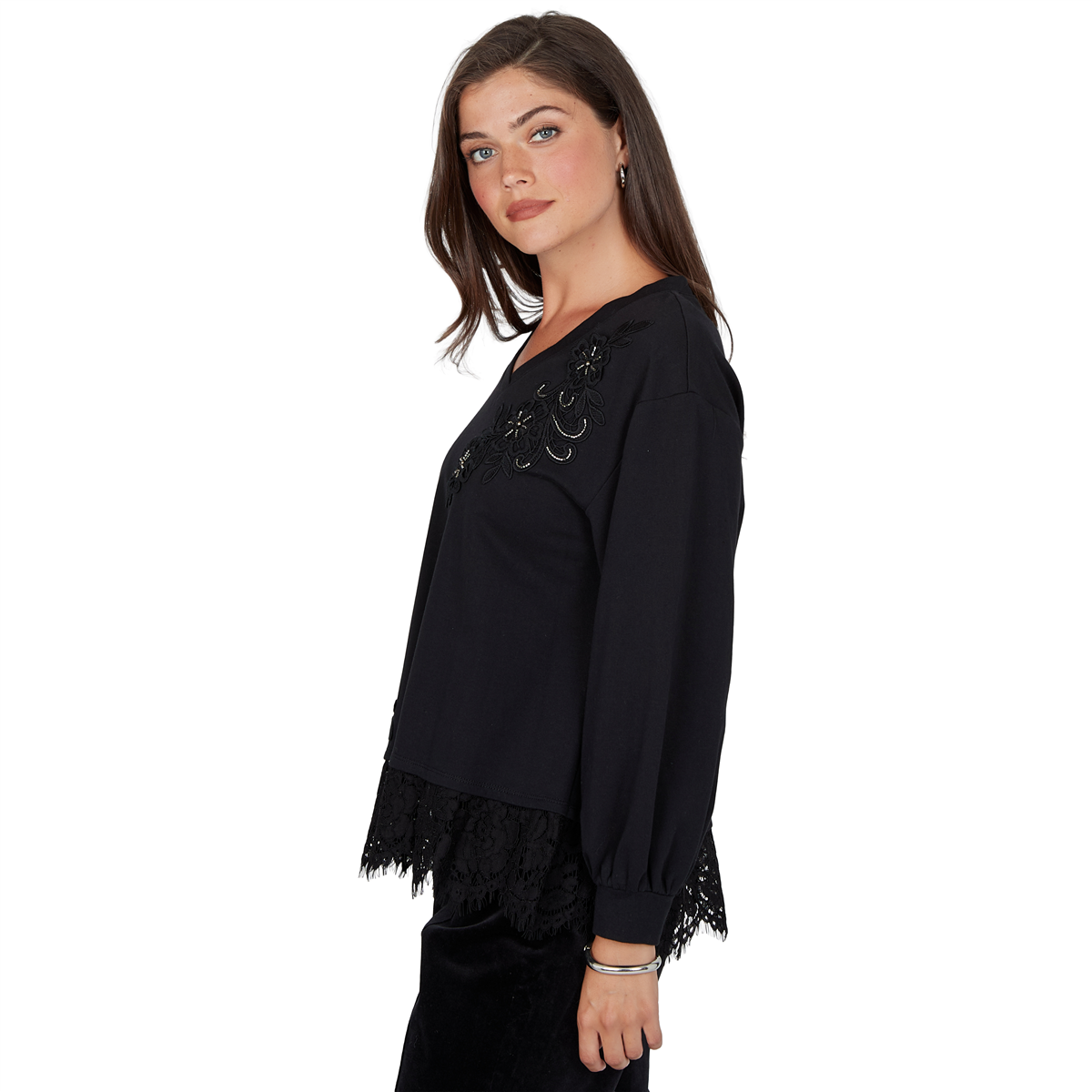 Petite Ruby Rd. Mysterious Romance Lace Trim V-Neck Blouse