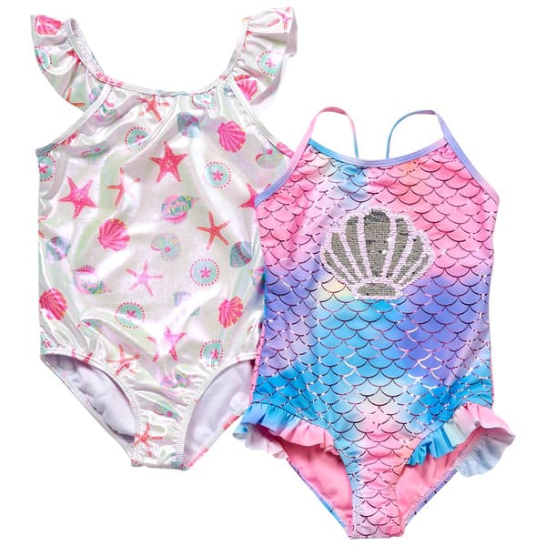 Girls &#40;7-12&#41; BTween&#40;R&#41; 2pk. One Piece Shell Sequin & Foil Swimsuits - image 