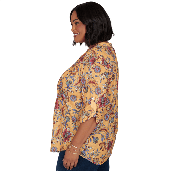 Plus Size Ruby Rd. Must Haves Roll Tab Sleeve Floral Vines Blouse