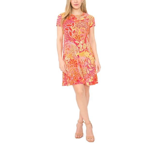 Petite MSK Short Sleeve Floral Grommet Trim A-Line Dress