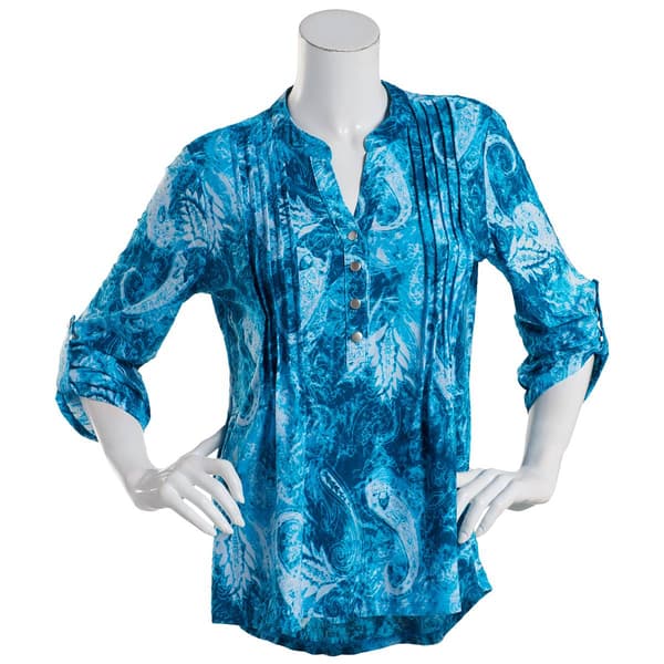 Petite Notations 3/4 Sleeve Print Jacquard Knit Pleat Henley
