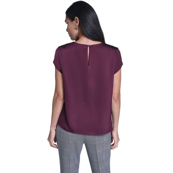Womens Calvin Klein Short Sleeve Solid Pleated Neck Blouse