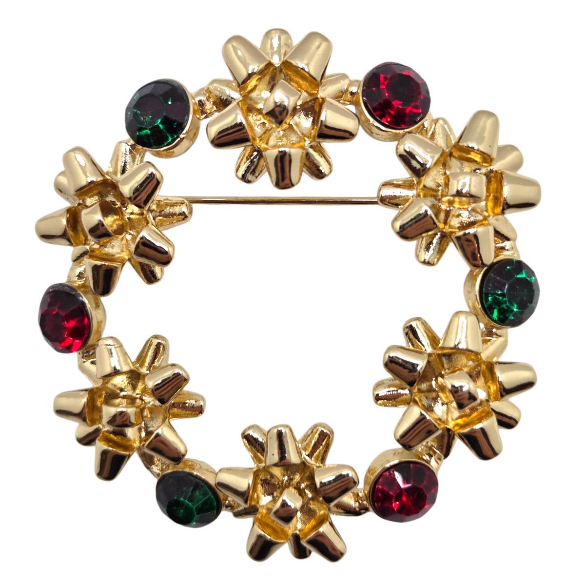 Gold-Tone Bow Wreath Stone Pin