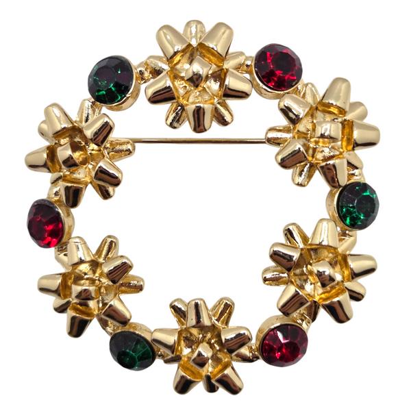 Gold-Tone Bow Wreath Stone Pin - image 
