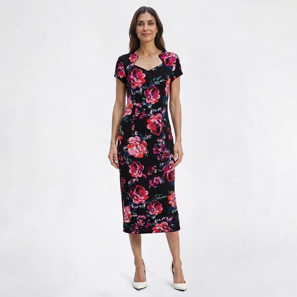 Womens Connected Apparel Short Sleeve Floral Crepe Sheath Dress - image 