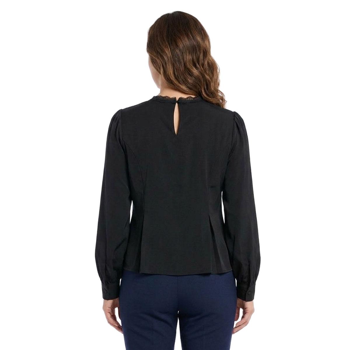 Womens Adrianna Papell Long Sleeve V-Neck Lace Trim Silk Blouse