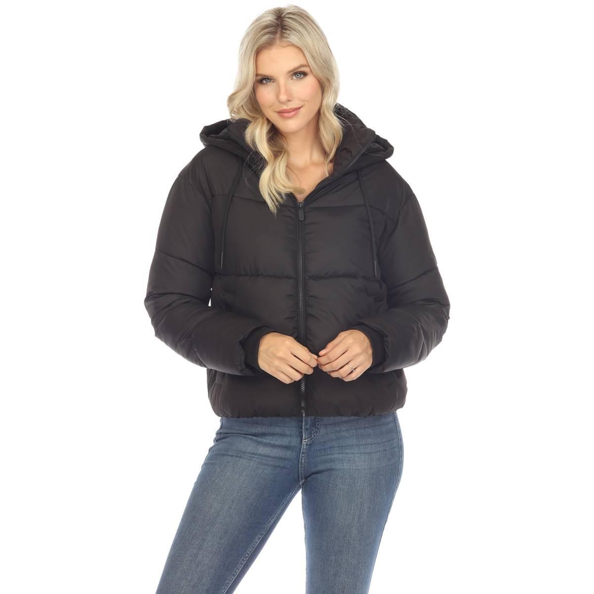 Womens White Mark Zip Hooded Bomber Puffer Jacket