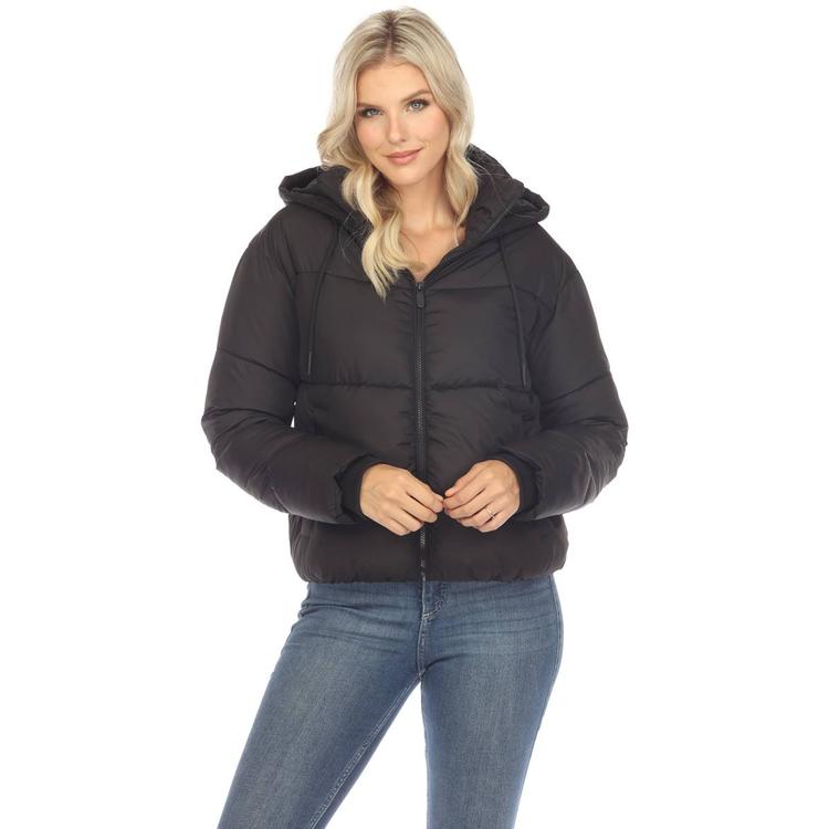 Womens White Mark Zip Hooded Bomber Puffer Jacket