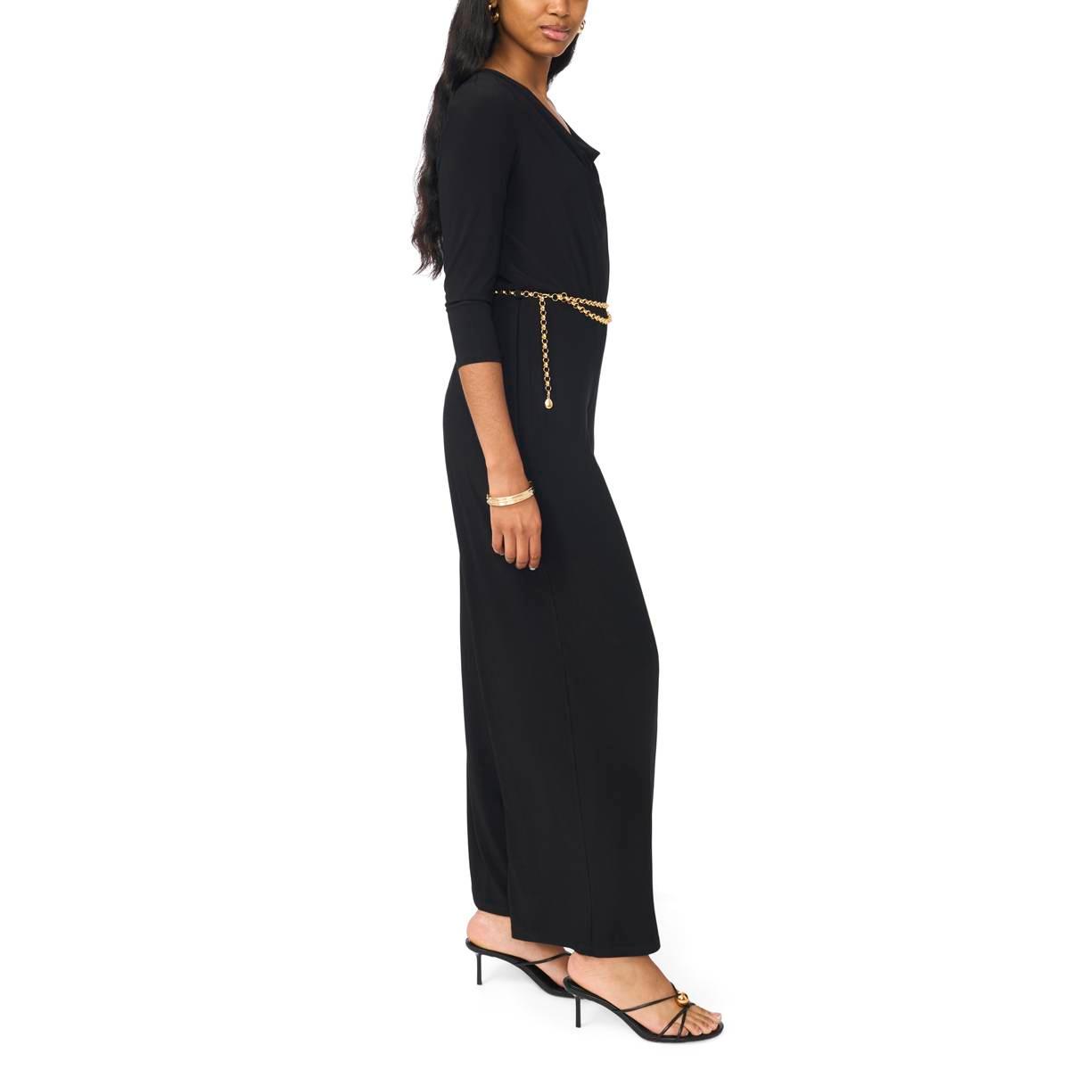 Womens MSK 3/4 Sleeve Drape Neck Belt Waist Jumpsuit