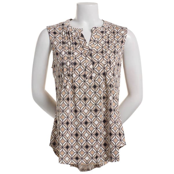 Womens Notations  Sleeveless Diamond Pleated Henley Blouse