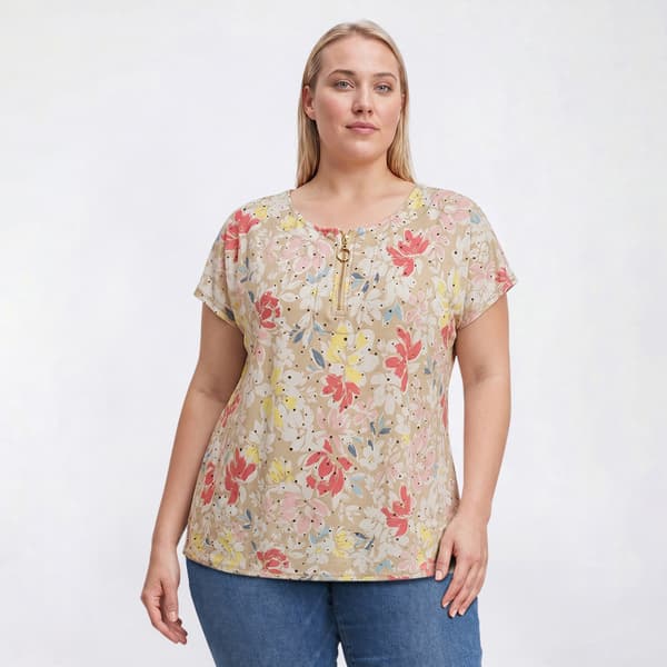 Plus Size Emily Daniels Short Sleeve Henley Disco Floral Blouse
