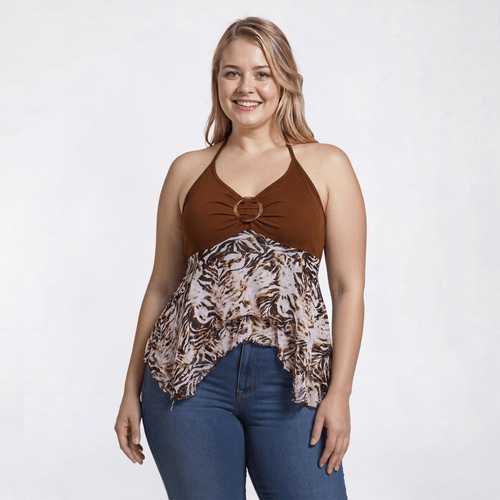 Juniors Plus Eye Candy Zebra Printed Mesh Halter Top With Ring