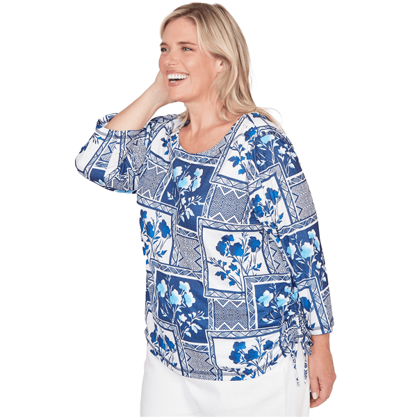 Plus Size Alfred Dunner Mykonos Floral Ruched Side Tie Blouse