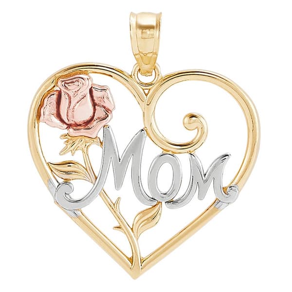 Gold Classics™ Two-Tone Gold Heart w/ Rhodium Mom & Rose Pendant