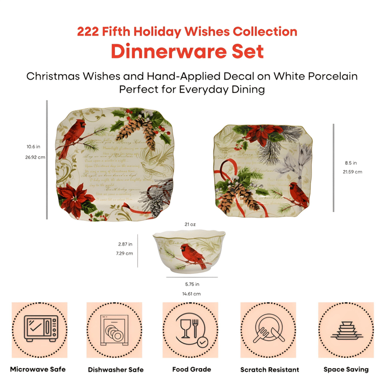 222 Fifth Holiday Wishes 12pc. Red Porcelain Dinnerware Set