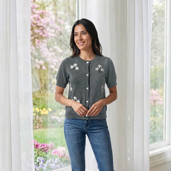 Womens Nanette Lepore Short Sleeve Floral Embroidery Sweater - image 