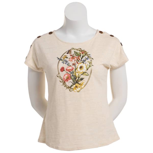 Womens Tru Self Dolman Shoulder Button Placket Graphic Tee