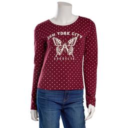 Juniors No Comment Long Sleeve Polka Dot Butterfly Top
