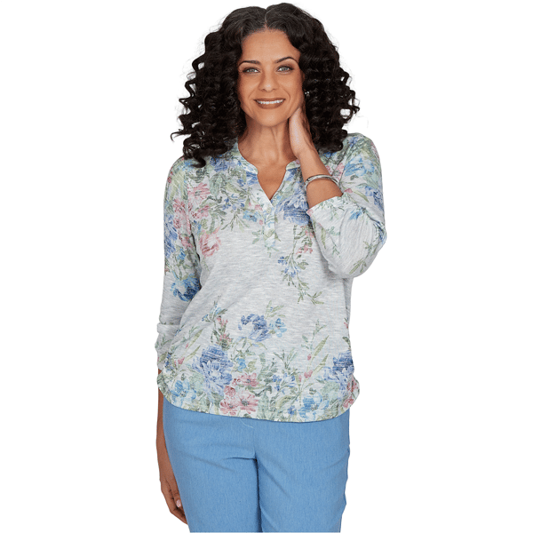 Petite Alfred Dunner Provence Floral Marled Henley Blouse - image 
