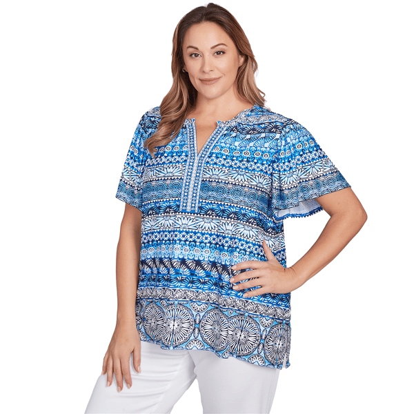 Plus Size Ruby Rd. Tinted Tides Motif Stripe Embroidered Blouse