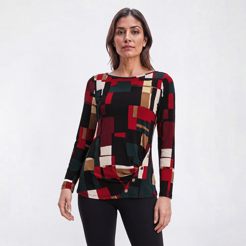 Petite AK Anne Klein Long Sleeve Color Block Boat Neck Blouse - image 