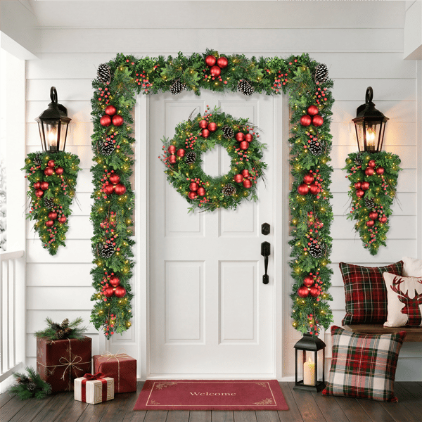 Puleo International 26in. Pre-Lit LED Ornament Adorned Wreath
