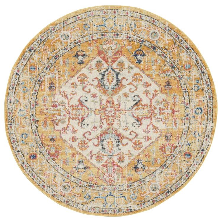 9th & Pike(R) Ivory and Yellow Medallion Round Area Rug