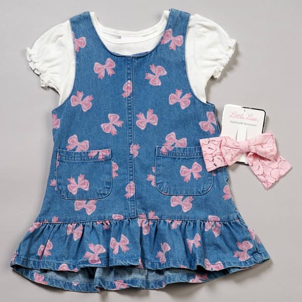 Girls (4-6x) Little Lass® 2pc. Bow Denim Jumper w/ Pointelle Top