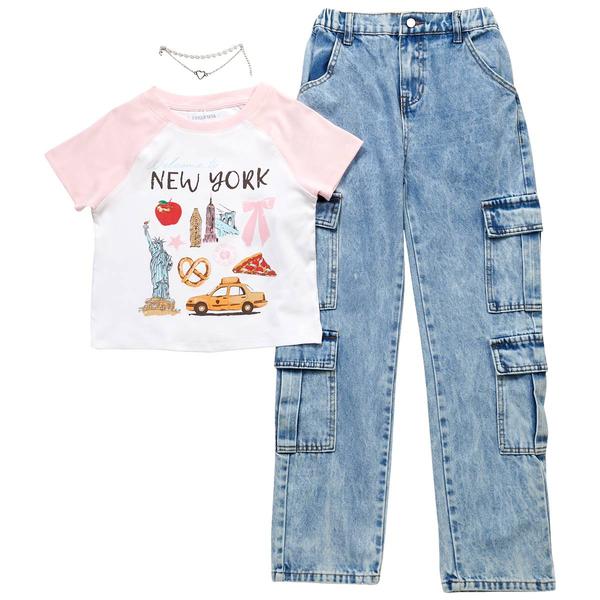 Girls (7-12) Tween Diva New York Raglan Tee with Cargo Jeans