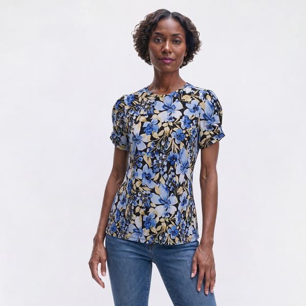 Womens Anne Klein Short Pleated Sleeve Floral Blouse