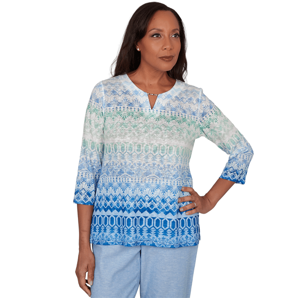 Petite Alfred Dunner Caribbean Blues Keyhole Neck Ombre Blouse - image 