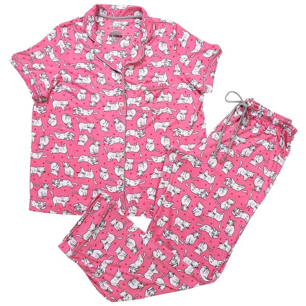 Womens Pillow Talk Short Sleeve Winking Cat Pajama Set - image 