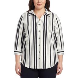 Plus Size Cure 3/4 Sleeve Rib Textured Button Front Plaid Shirt