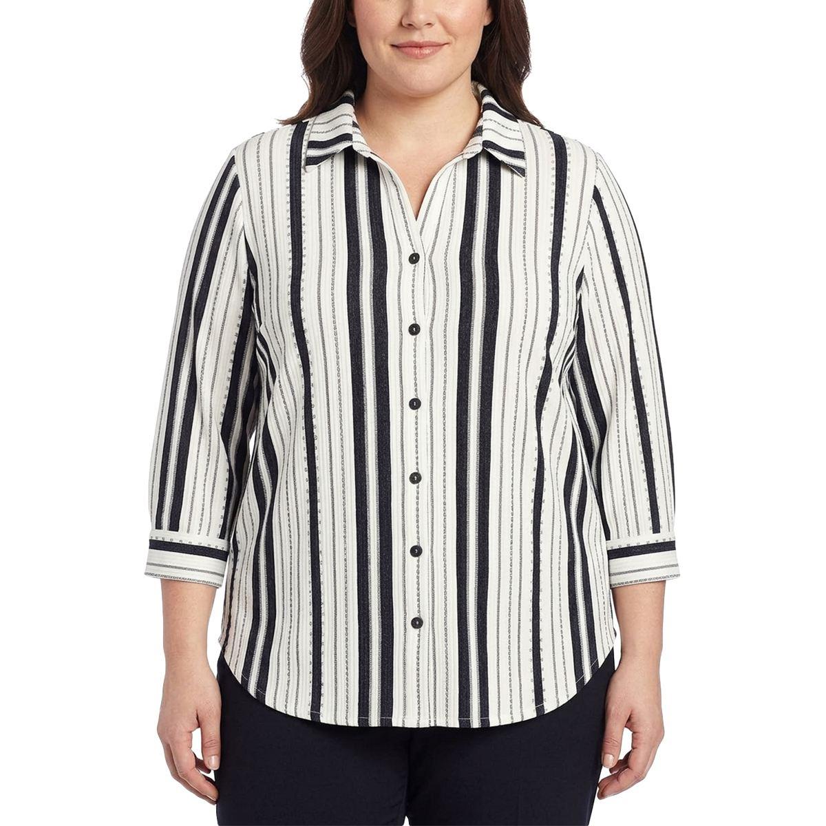 Plus Size Cure 3/4 Sleeve Rib Textured Button Front Plaid Shirt