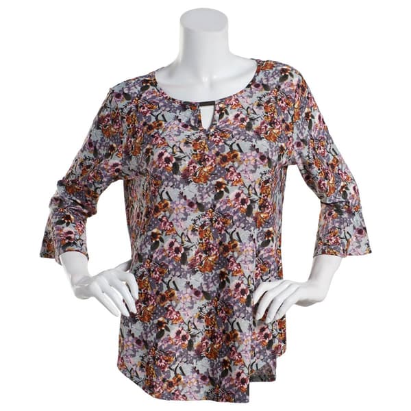 Womens Notations 3/4 Ruffle Sleeve Print Keyhole Jacquard Top