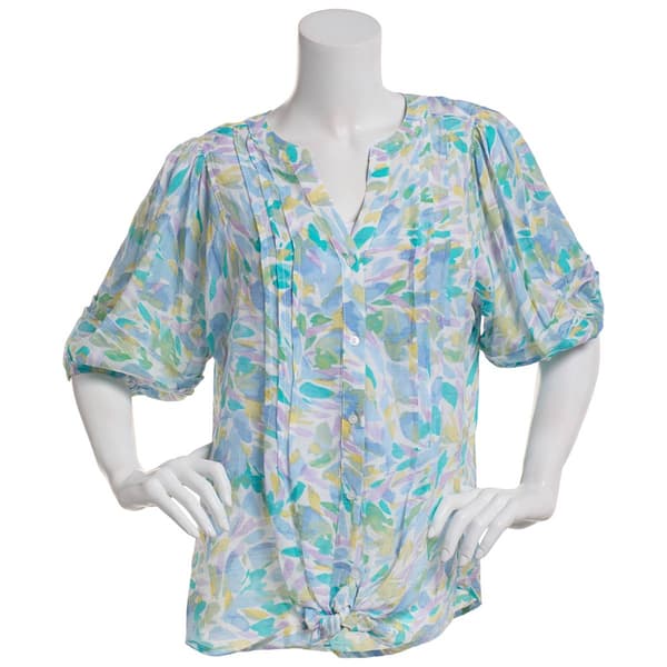 Womens Zac & Rachel  Short Puff Sleeve Tie Front Abstract Blouse