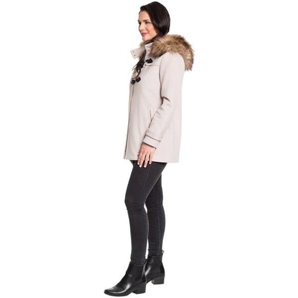 Womens Nine West Hooded Wool Blend Toggle Coat with Faux Fur Trim