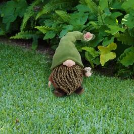 Alpine Gnome with Green Hat Holding a Flower Garden Statue