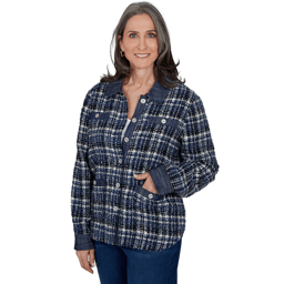 Petite Alfred Dunner Tuscany Denim Trim Plaid Eyelash Jacket
