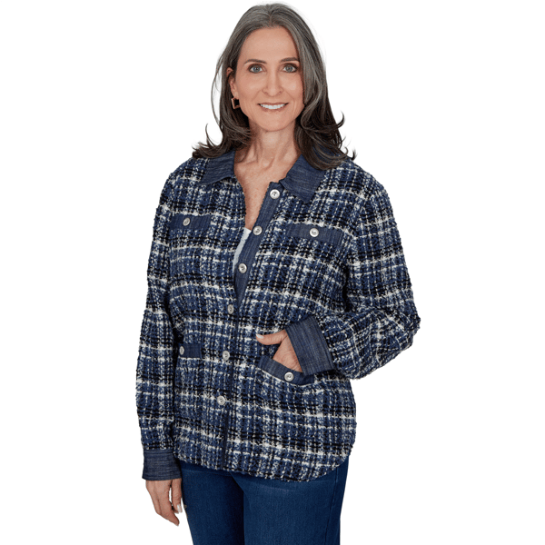 Petite Alfred Dunner Tuscany Denim Trim Plaid Eyelash Jacket