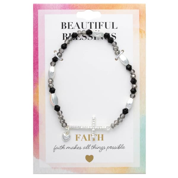 Beautiful Blessings Hematite Jet Stone Stretch Bracelet w/ Cross
