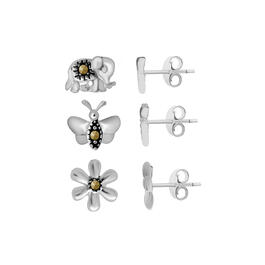 Marsala Genuine Marcasite 3pr. Butterfly/Flower Earrings