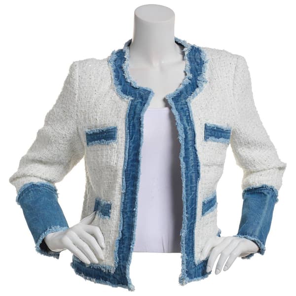 Womens Nanette Lepore Long Sleeve Open Boucle Denim Trim Blazer