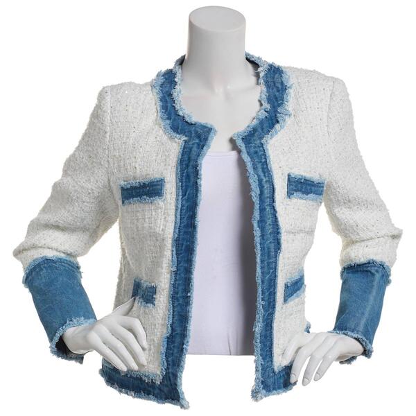 Womens Nanette Lepore Long Sleeve Open Boucle Denim Trim Blazer - image 
