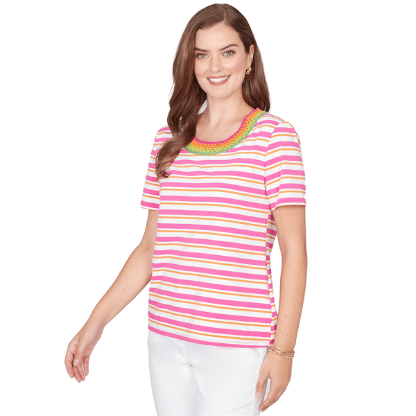 Petite Ruby Rd. Hothouse Florals Crochet Neck Stripe Knit